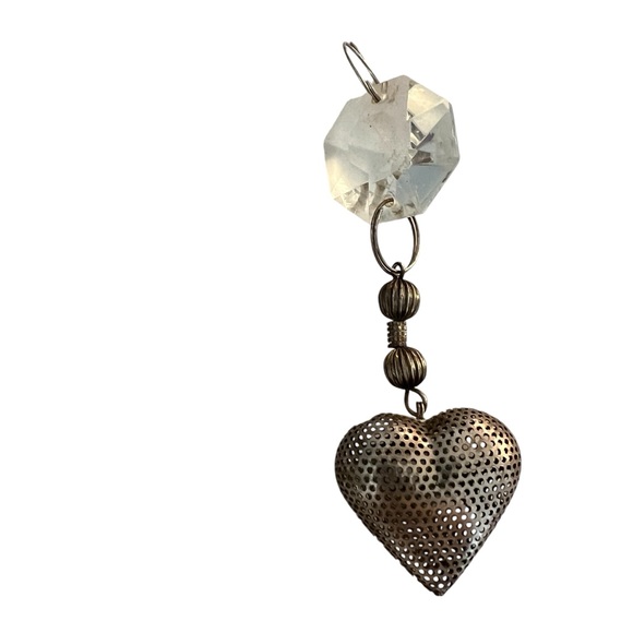 Vintage Other - CHARM Ornament silver-tone mesh heart & beads with glass faceted chrystal 4"